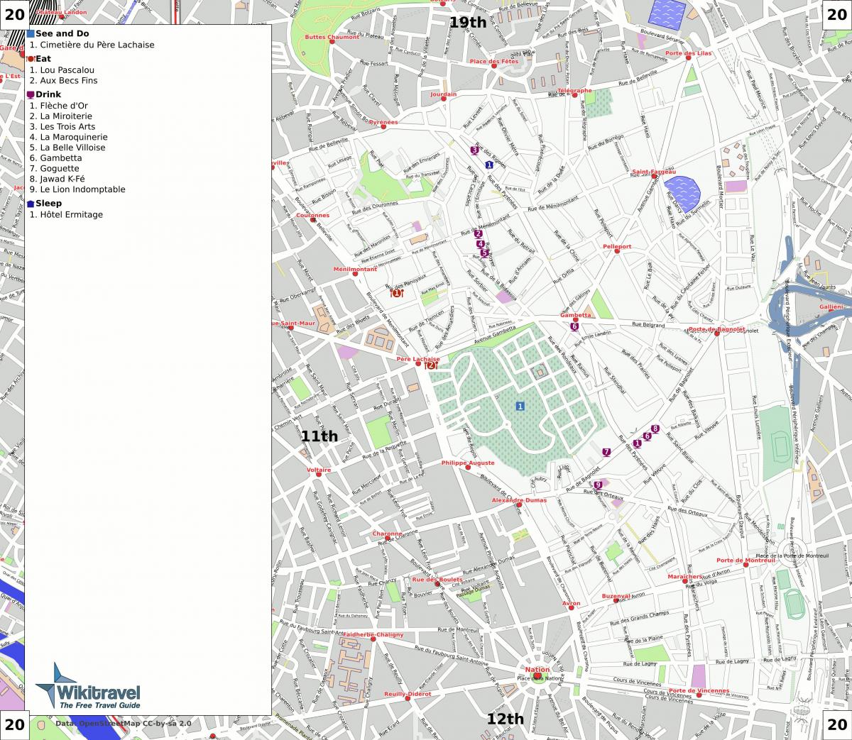 Mapa ng ika-20 arrondissement ng Paris